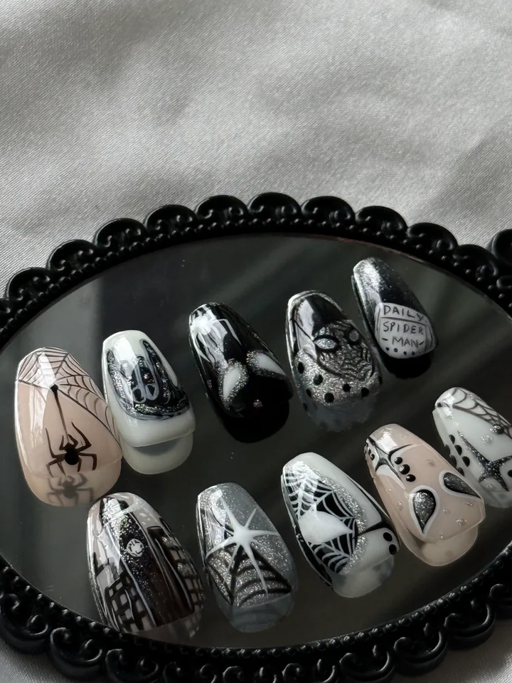 Silver Web handmade press-on nail design